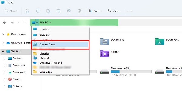 آوردن کنترل پنل در ویندوز 11 از طریق نوار آدرس File Explorer