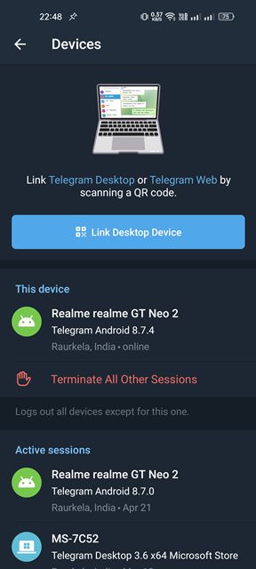 چگونه نشست های فعال تلگرام را حذف کنیم