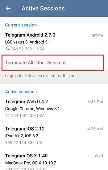 تعداد دستگاه های متصل شده به تلگرام