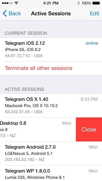 مشکل حذف نشدن نشست های فعال تلگرام
