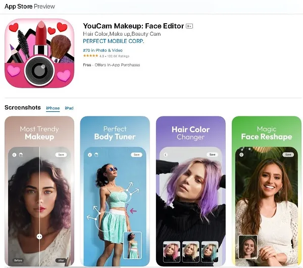 برنامه فیلتر چهره ایفون YouCam Makeup