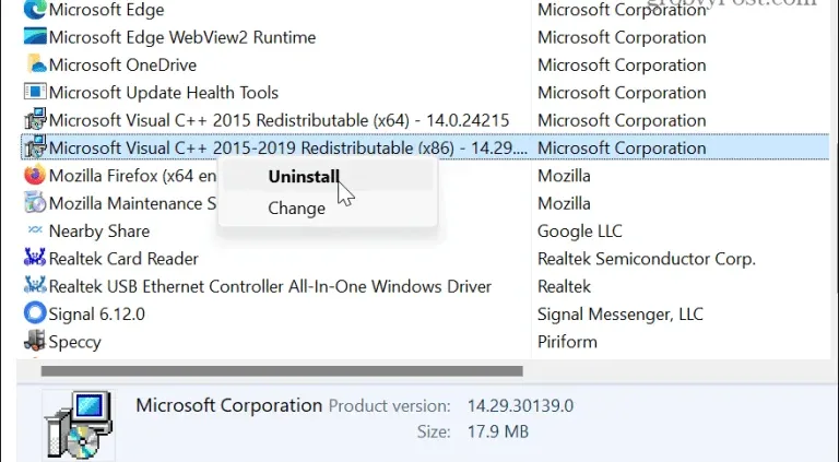 حذف پکیج مایکروسافت ویژوال برای رفع ارور 0xc00007b
